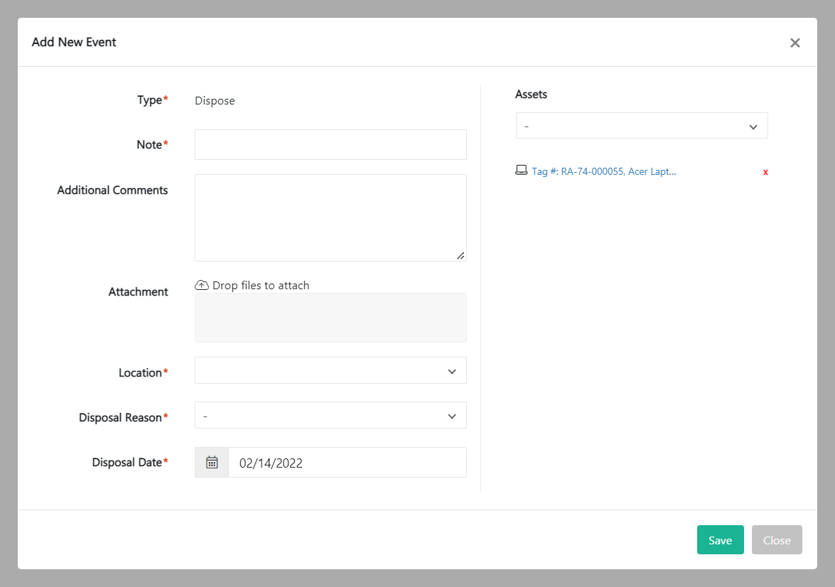 Dispose Asset asset details