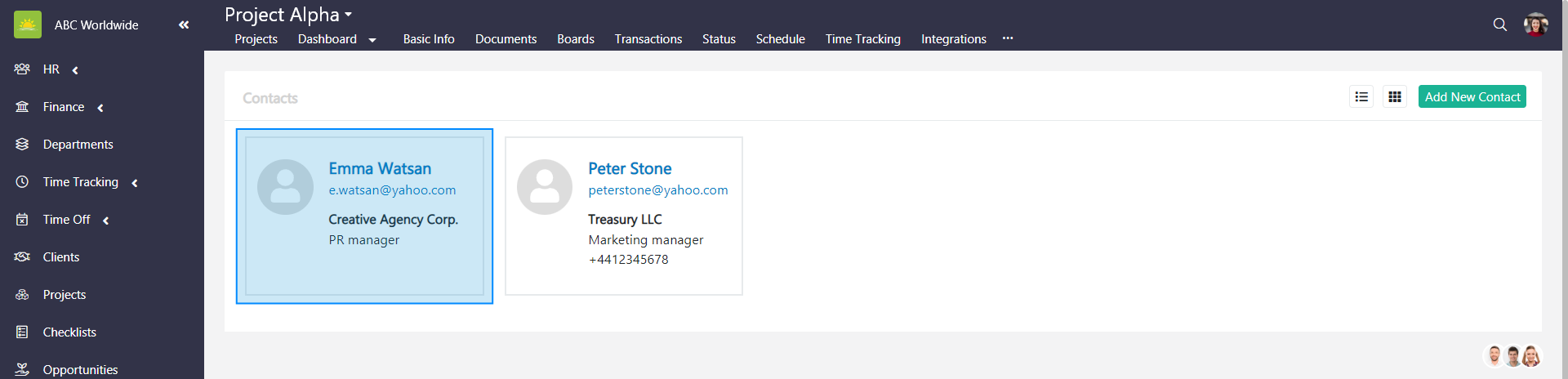 Contact Dashboard contact card