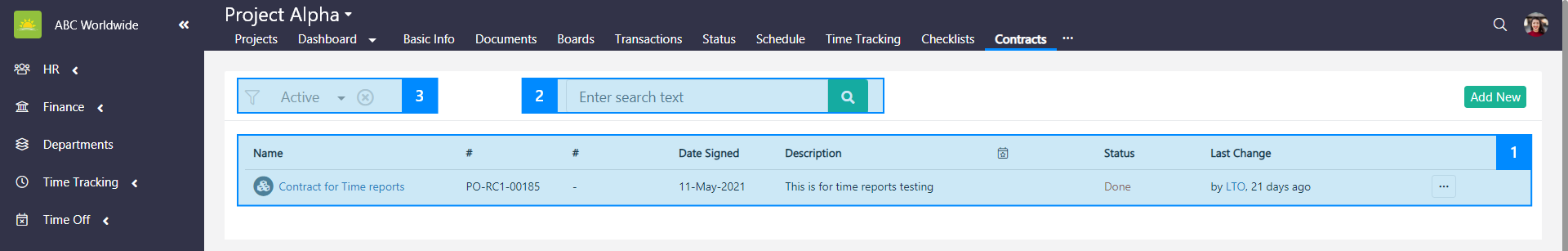 Contracts Dashboard contract list