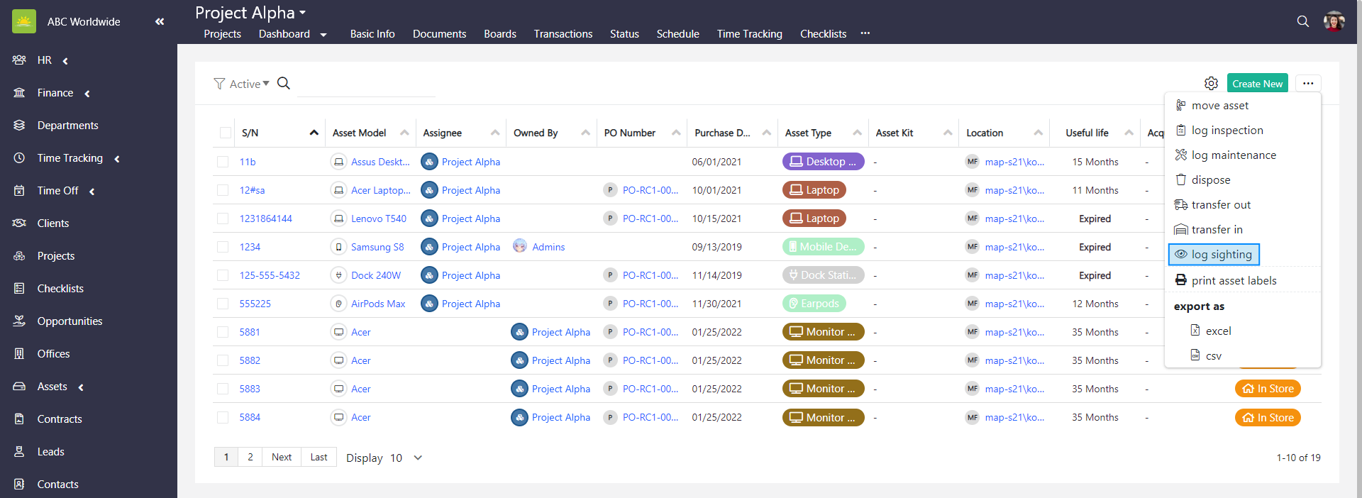 Asset Dashboard asset list