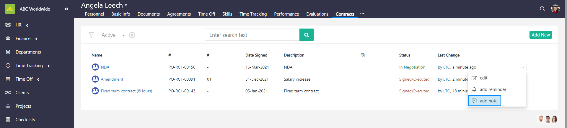 Contracts Dashboard contract list