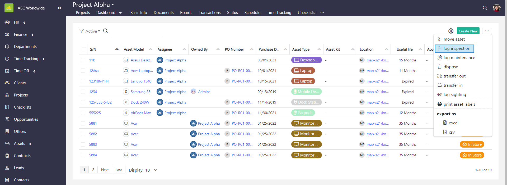 Asset Dashboard asset details