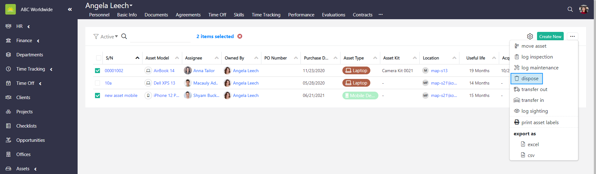Asset Dashboard asset list