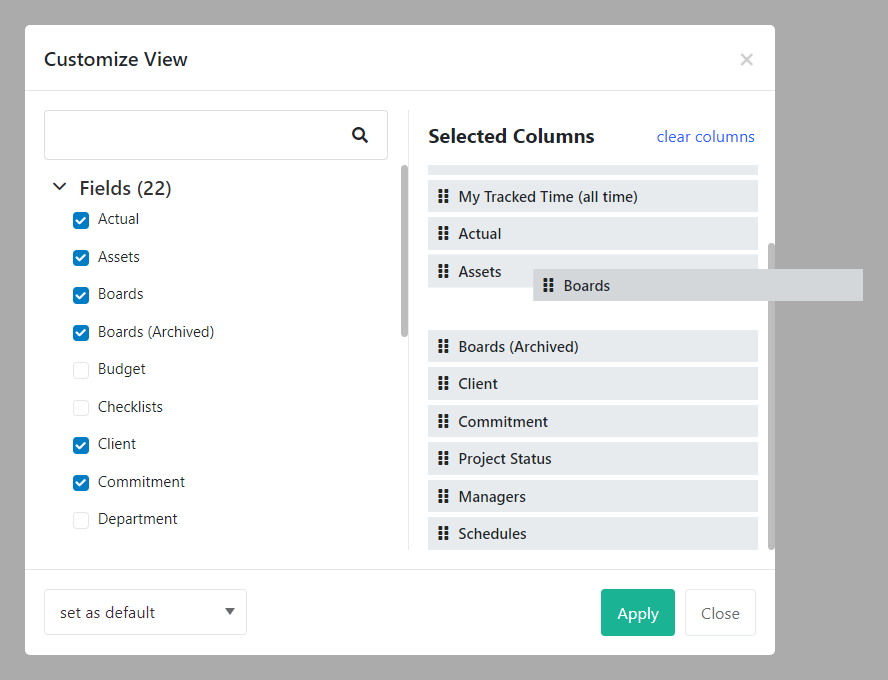 Customize view Columns list
