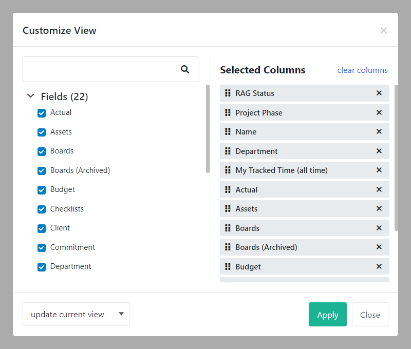 Customize view Select fields