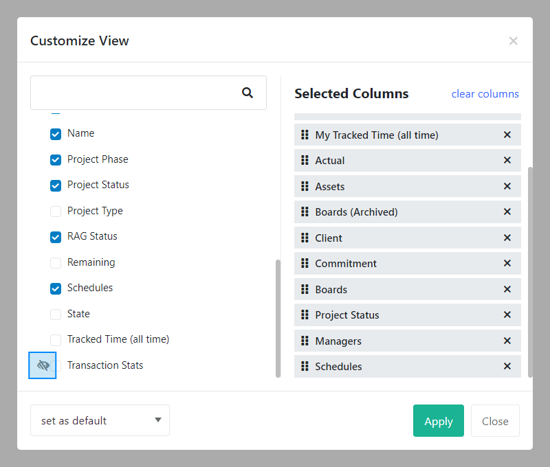 Customize view Select columns